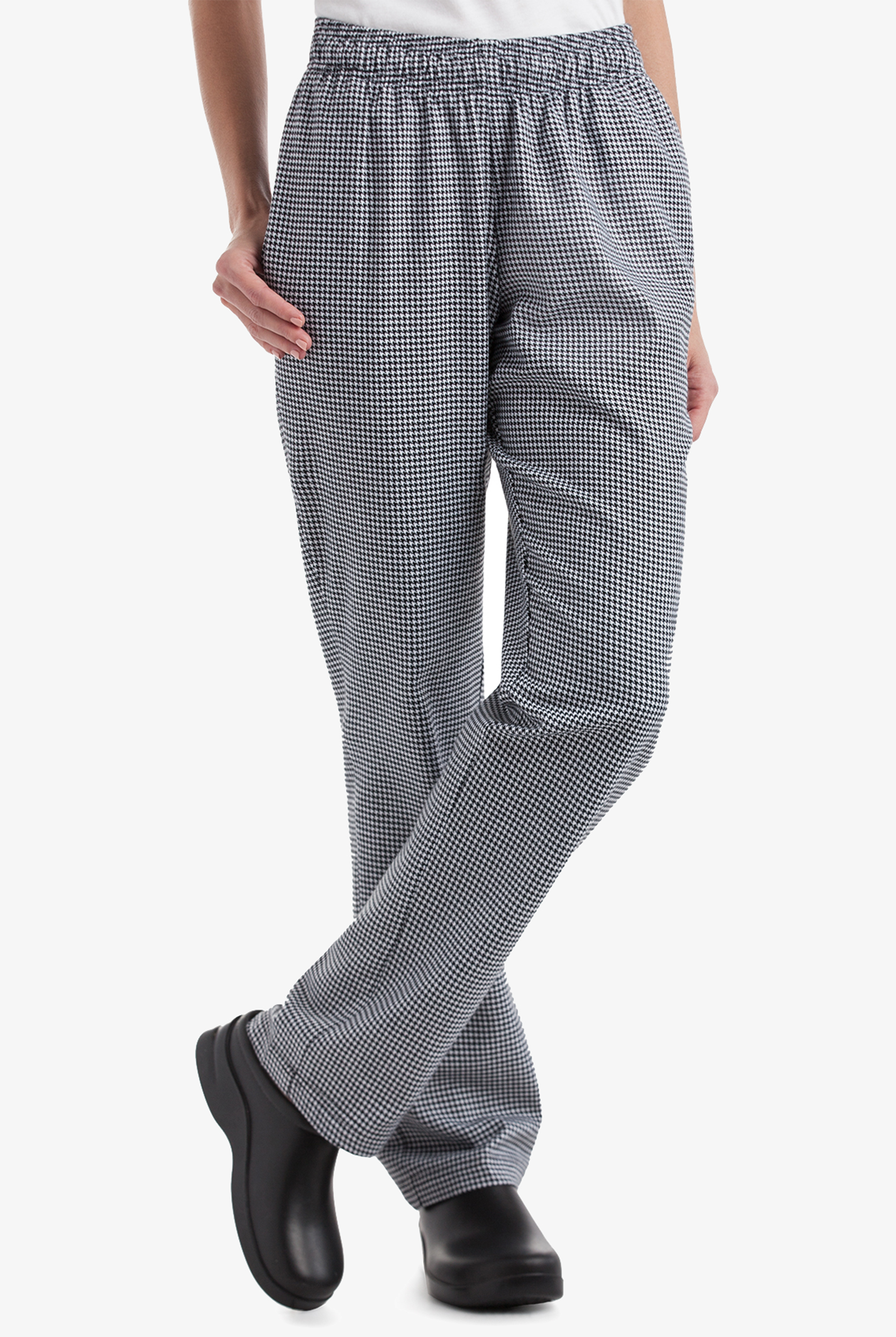 On the Line Houndstooth White Women's 4-Pocket Tapered Legs Printed Chef Pants