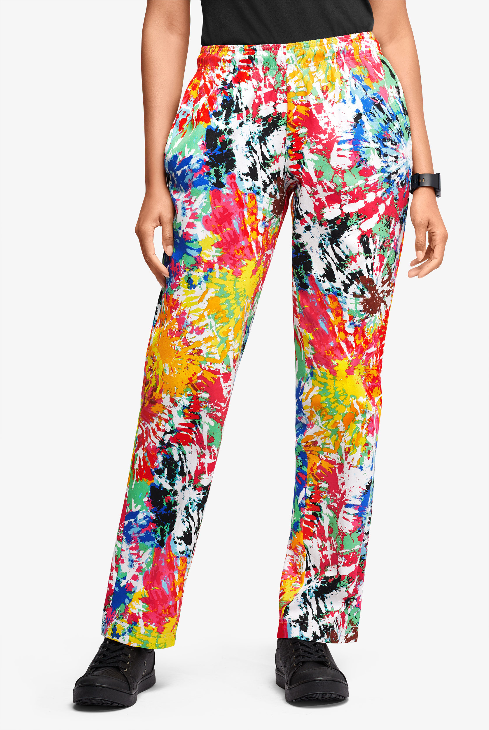 UA CHEF&trade; Rainbow Tie-Dye White Printed Women's 4-Pocket Elastic Waistband Chef Pants